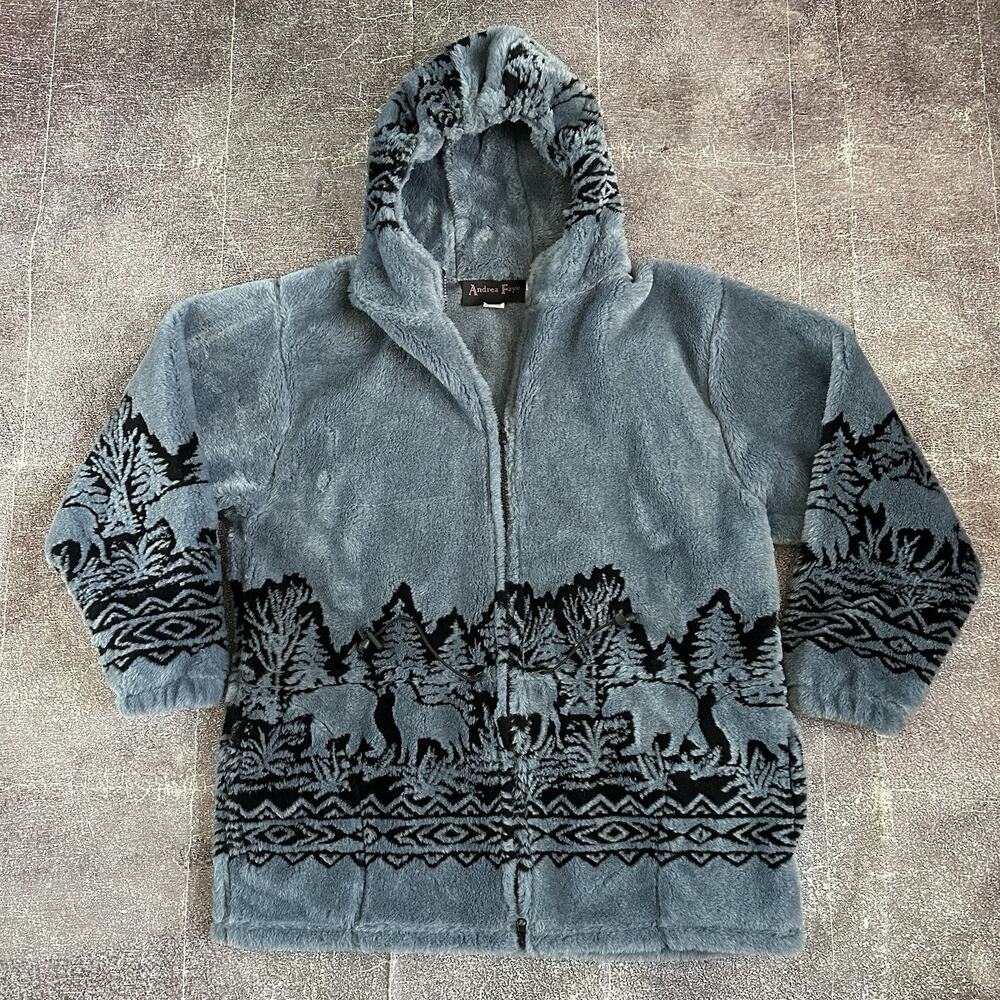 Men's Vintage 90's Blue Faux Fur Landscape Mountain Animals Fuzzy Jacket Sz XL